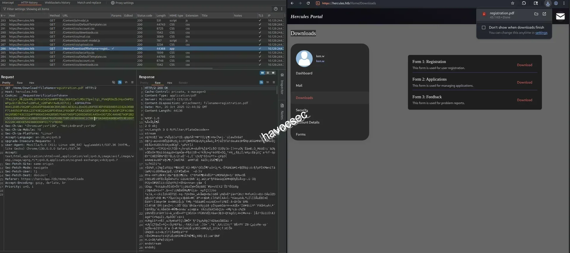 Hercules Website ken.w Form Burpsuite