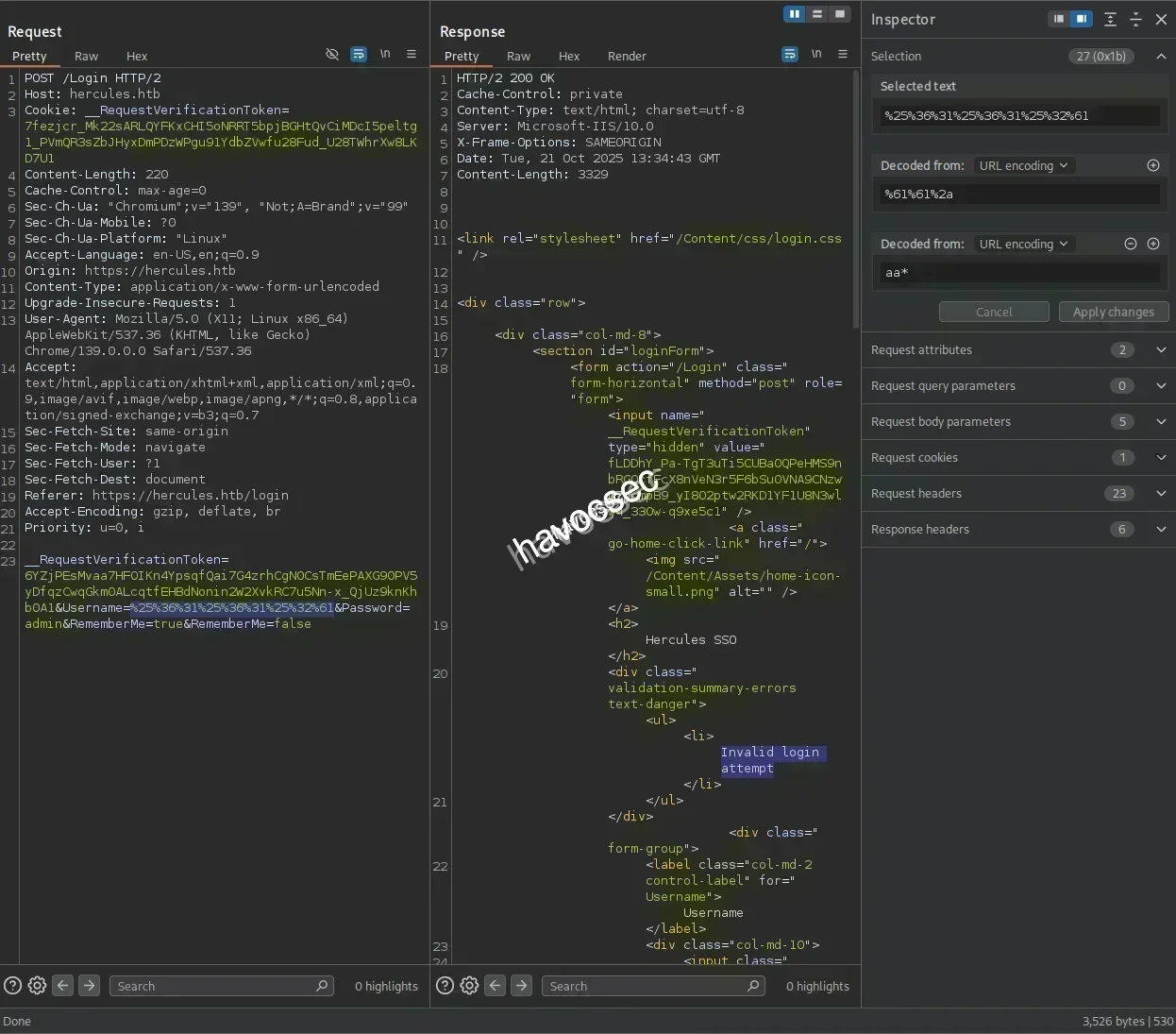 Hercules Website Login Burpsuite Invalid
